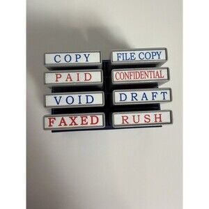 OfficeMax Mini Message Stamp Set - 8 Pre-Inked Stamps with Open Desktop Tray